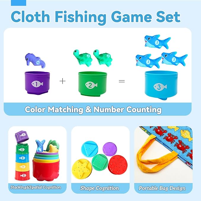 Count Learning Montessori Toys for Toddlers 3 Year Old Cloth Toddler Fishing Game with Stacking Cups,Baby Toy 12-18 Months 1 2 Year Old Boy Girl Gifts (Ocean Animal)