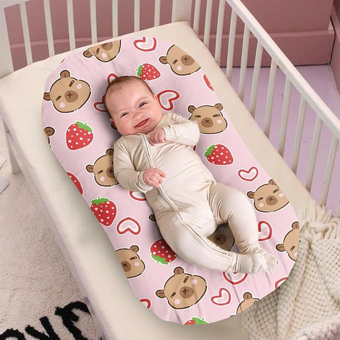 Heart Strawberry Capybara Baby Lounger Cover for Girls Newborn Lounger Covers Removable Sleeping Baby Nest Slipcover Soft Comfortable Snuggle Me Cover 31.5'' x 21.3''
