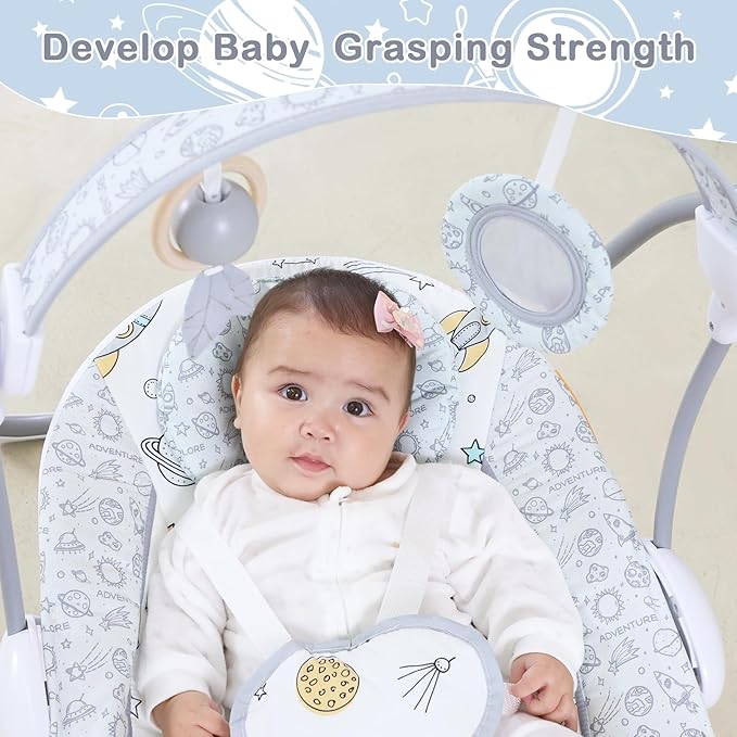 Baby Swing for Infant,Newborn Swing with Music,5 Speed Levels,Timing Setting,Soft Cushion,Foldable Infant Swing with with Hanging Planets Toy & Mirror for Indoor Outdoor Use 0-9 Months