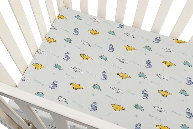 Onacosht Muslin Crib Sheets for Boys Girls, Soft Breathable 100% Cotton Baby Fitted Sheet 52" x 28" for Standard Toddler Crib Mattress, 2 Pack, Dinosaur and Light Green