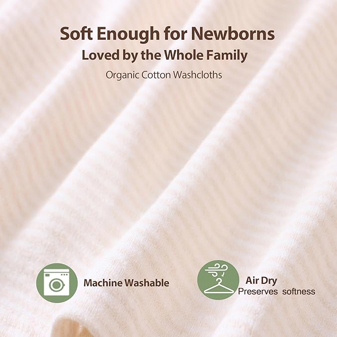 10-Pack Organic Cotton Baby Washcloths | Ultra-Soft Newborn Face Bath Towel - Reusable Baby Wipes for Delicate Skin Thin & Lightweight, Perfect for Babies, Kids, Toddlers, Infant (Stripes)