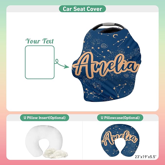 Personalised Car Seat Cover for Girls and Boys - 7 in 1 Multipurpose Breast Feeding Cover, Nursing Cover, Peacock Blue Star Grocery Cart Cover - Birthday Gift for Babies