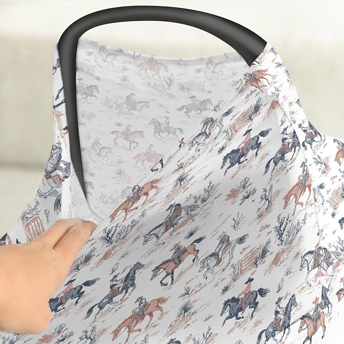 Boho Western Cowboy Car Seat Covers for Babies Vintage Cowboys Horse Stretchy 5-in-1 Cover Adjustable Infant Carseat Canopy Cover Wild West Desert Breathable Nursing Cover-Up