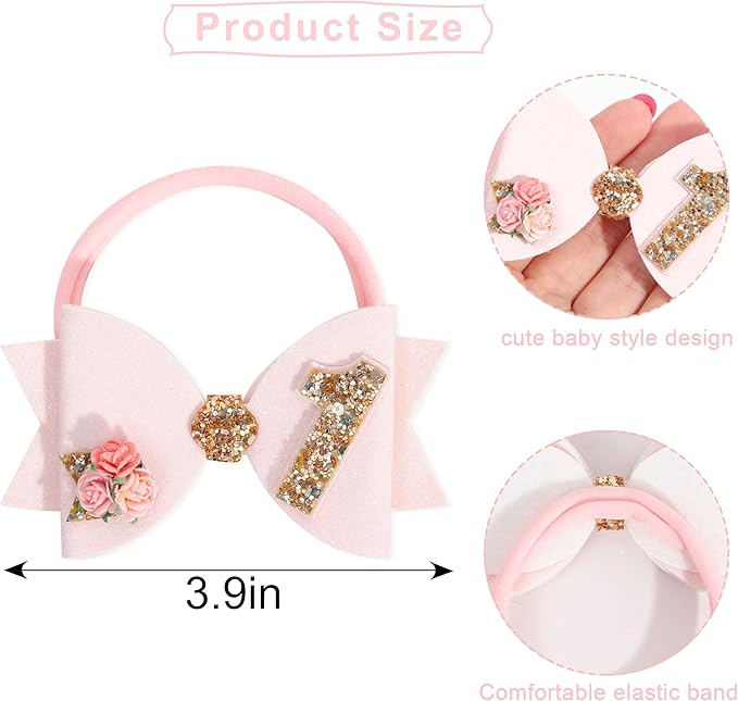 Birthday Girl bow for Baby Girls - 1st Birthday Pink Bow Headdress,Gold Glitter Birthday Bow Headband Flowers,Photo Props