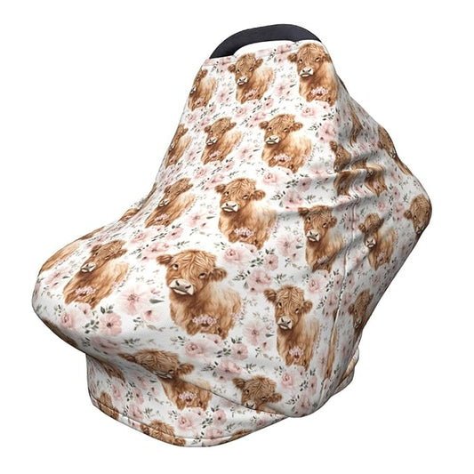 Highland Cow Baby Car Seat Covers Canopy Covers Baby Multi-Use Car Seat Canopy Carrier Cover, Breathable Breastfeeding Cover Boys & Girls