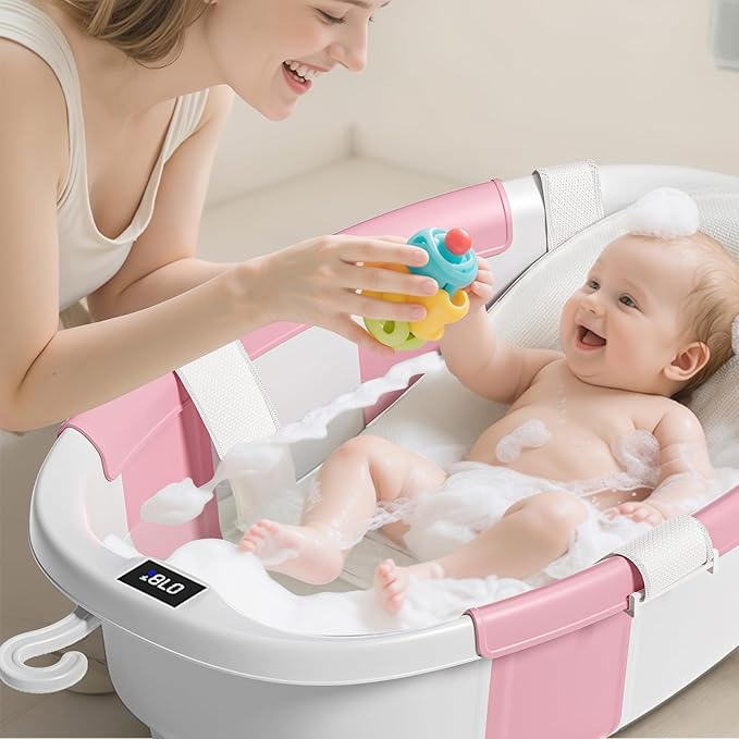 Collapsible Baby Bathtub with Soft Cushion and Thermometer, Newborn to Toddler Tub 0-36 Months with Toy Storage Mesh Bag, Portable Travel Bath for Infants (Pink)