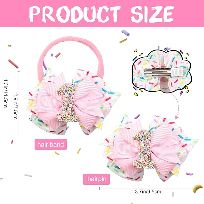 2Pcs Birthday Hair Bow for Baby Girls 1 Years Decorations Pink Sprinkle Ice Cream Confetti Hair Accessories for Baby Girls 1st Birthday Party Decorations