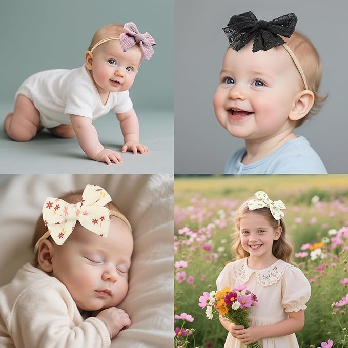 LemonSpace 4" Handmade Baby Girl Bows and Headbands,10 pcs Strechy Soft Nylon Hairbands Hair Bows for Newborns Infants Toddlers Elastic Baby Hair Accessories for Girls Gifts