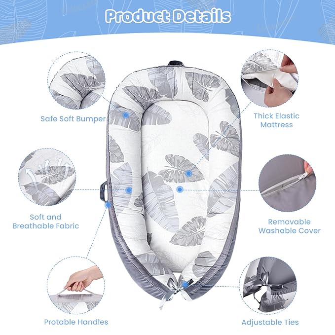 Baby Lounger, Baby Lounger for Newborn 0-24 Months, Premium Soft & Breathable Infant Lounger, Pure Cotton Baby Nest for Boys & Girls, Portable Newborn Lounger for Travel and Home.