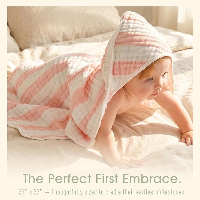 Muslin Hooded Baby Towel 4 Pack, 100% Organic Premium Cotton, (2) 6-Layer 32x32 Bath Towels & (2) Washcloths, Soft Newborn & Infant Gift Set (Pink Stripe & White)