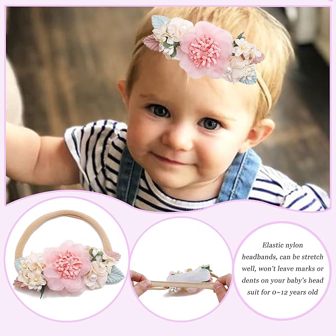 Baby Girl Flower Headband 6 PCS Elastic Hairbands Handmade Nylon Bows Headbands Chic Floral Hair Accessories Kids Gifts for Newborn Infant Toddlers