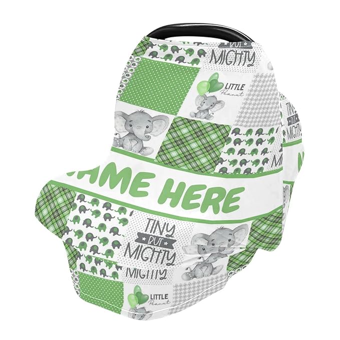Personalized Cute Elephant Green Plaid Baby Car Seat Cover for Babies with Name, Custom Baby Car Seats Canopy for Boys Girls, Nursing Breastfeeding Stroller Covers Infant Car Seat Blanket for Newborn