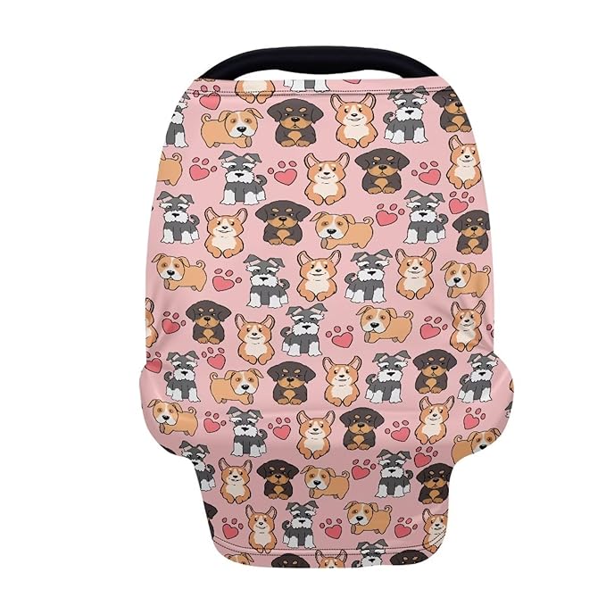 GIFTPUZZ Cute Dogs Stretchy Car Seat Cover for Babies, Nursing Cover Breastfeeding Cover, Soft Breathable Infant Carseat Canopy, Shopping Cart Cover, Baby Shower Gifts for Boys and Girls