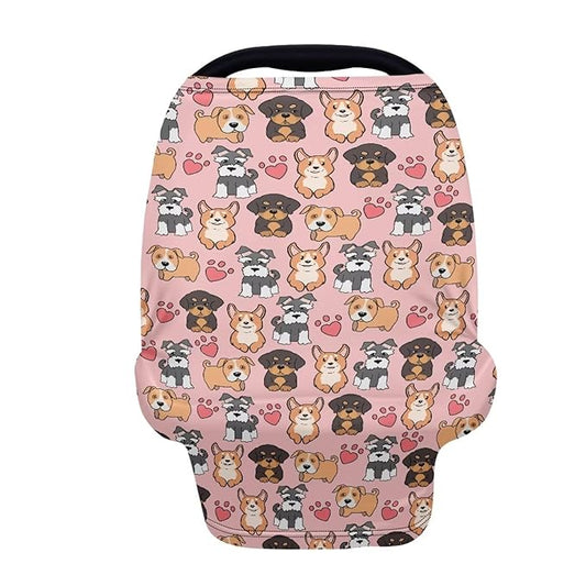 GIFTPUZZ Cute Dogs Stretchy Car Seat Cover for Babies, Nursing Cover Breastfeeding Cover, Soft Breathable Infant Carseat Canopy, Shopping Cart Cover, Baby Shower Gifts for Boys and Girls