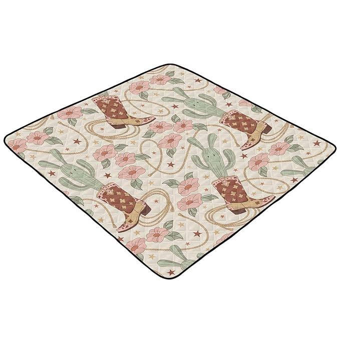 Baby Play Mat Cactus Cowboy Boots Floral 50 x 50 Playpen Mat Baby Play Mats for Floor Play Gym Crawling Mat Non-Slip Cushioned Baby Playmat for Infants, Babies, Toddlers