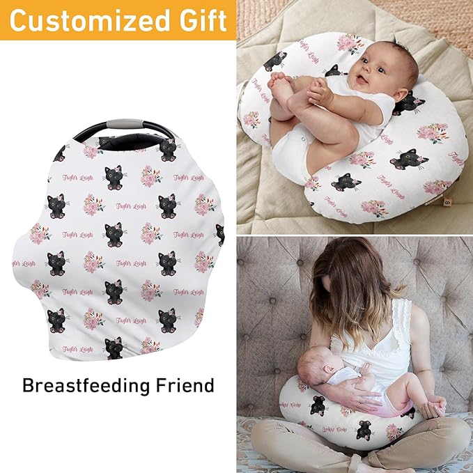 Custom Name Car Seat Canopy - Baby Car Seat Covers, Black Cat Print Infant Stroller Cover, Carseat Canopy Christmas Birthday Gifts for Girls and Boys(27"x29")