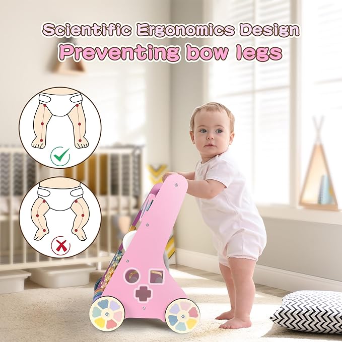 LOL-FUN Wooden Baby Walker for Girls with Wheels, Push Walker for Girl 12 Months, Pink Baby Push Toy for 1 Year Old Walking