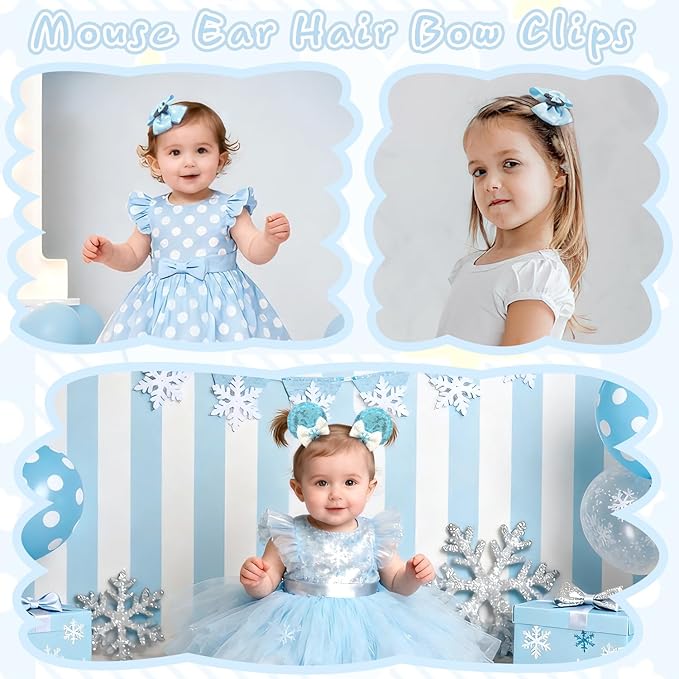 2 Pairs Blue Mouse Ears Hair Clips & Mouse Hair Bows Barrettes for baby Girls Accessories Birthday Party Decorations Gift