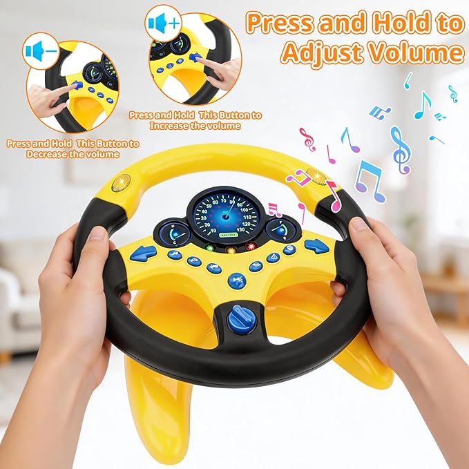 deAO Kids Steering Wheel for Backseat with Car Key Pretend Driving Simulated Driving Steering Wheel Toy with Light and Music Gifts for Kids (Yellow)