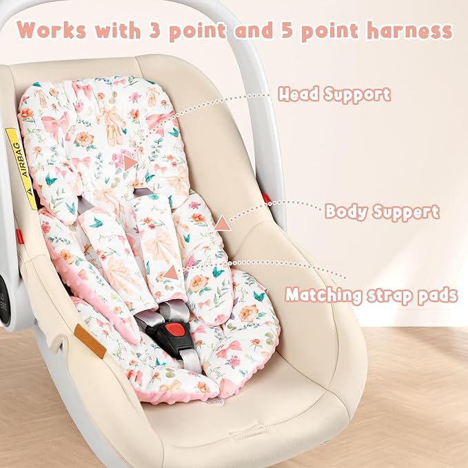 GFU Infant Car Seat Insert Head and Body Support, Reversible Newborn Insert for Carseat with Strap Pads, Soft Stroller Cushion Pillow Insert for Boys and Girls, Fits for Stroller, Swing, Pink Bow