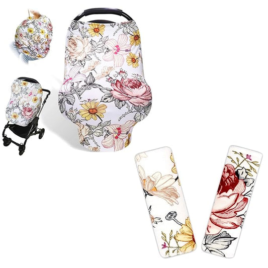 Floral Baby Car Seat Cover Girls, Infant Carseat Canopy, Baby Car Seat Strap Covers Shoulder Pads for Baby Kid, Super Soft Infant Carseat Belt Covers for All Car Seat Stroller