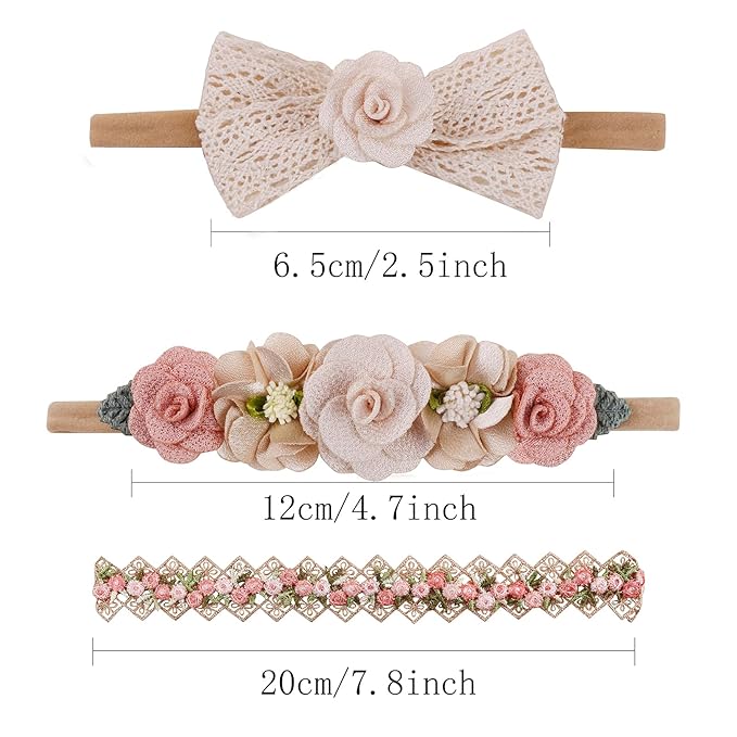 Baby Girl Flower Headbands and Bows, Stretchy Soft Nylon Floral Crown, 3pcs Handmade Hair Accessories for Newborn Infant Toddler