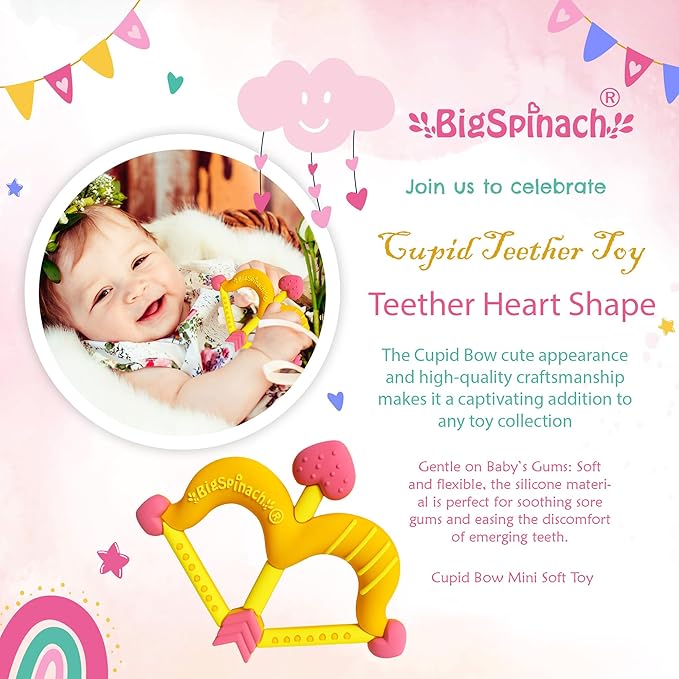 BIGSPINACH Teethers Heart Shape Silicone Baby Teether Toy Easy for Little Hands to Hold,Cupid Bow and Arrow Soft Teething Toy for Infants,Valentine's Gift for Girl or Boy (Yellow)