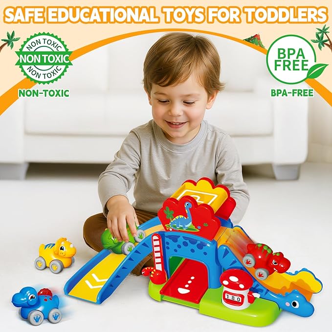 Toddler Toys Gifts for 1 2 Year Old Kids, Educational Dinosaur Slide Toy with 4 Cars for 12-18 Months Baby, First Birthday Chirstmas Gifts for Aged 1-3 Year Old, Push Car Track Toy for Boys Girls