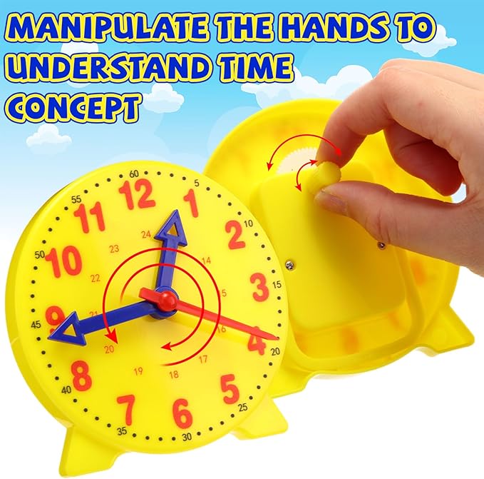 Batiyeer 24 Pcs Teaching Clock Kit for Kids to Tell Time Teaching Mini Geared Clock for Kids Basic Math Development Teacher and Classroom Supplies, 4 Inch(Yellow)