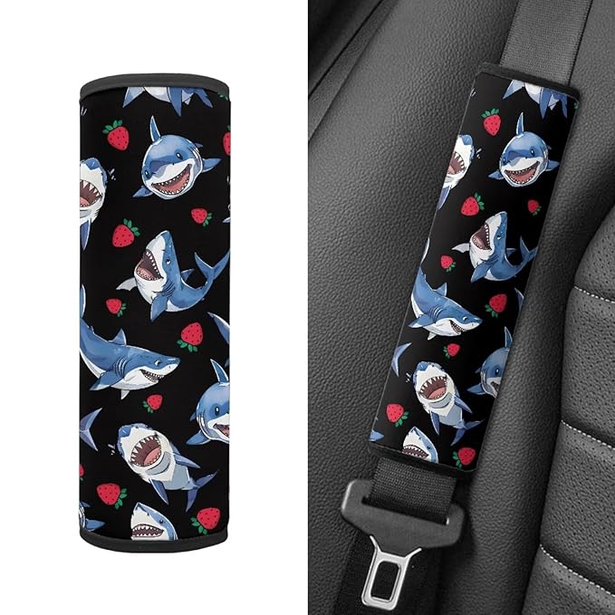 Biyejit 2 Pack Seat Belt Cover for Kids,Shark Strawberry Car Seat Belt Pads Cover for Boys Girls, Kid's Children Seat Belt Cushion, Shoulder Strap Pad