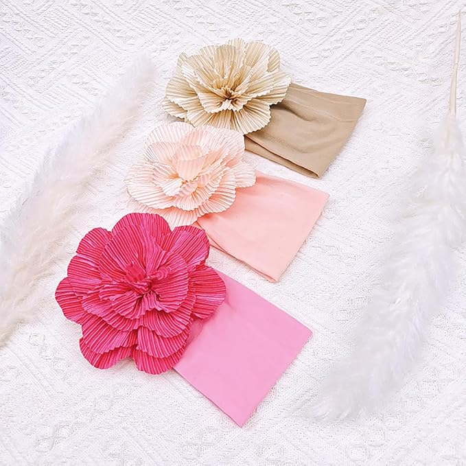 Large Flower Elastic headband for Baby Girl Infant Soft Fabric Chiffon Floral Hairband Toddler Newborn Christening Baptism Hair Accessories (Flower 1 - Rose Pink, Elastic)