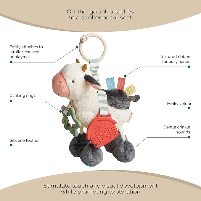 Itzy Ritzy Link & Love Toy for Stroller or Car Seat – Features Textured Ribbons, Crinkle Sounds, Clinking Rings & Silicone Teether – Designed for Ages 0 Months and Up (Cow)
