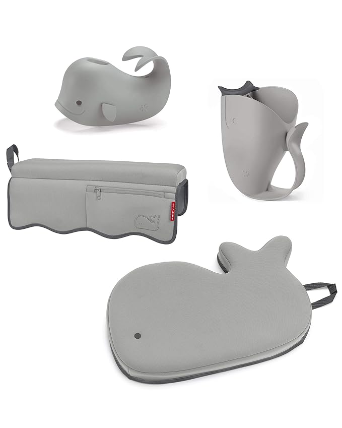 Skip Hop Baby Bath Tub, 3-Stage Smart Sling Tub, Moby, White & Moby Baby Bath Essential Set, Grey