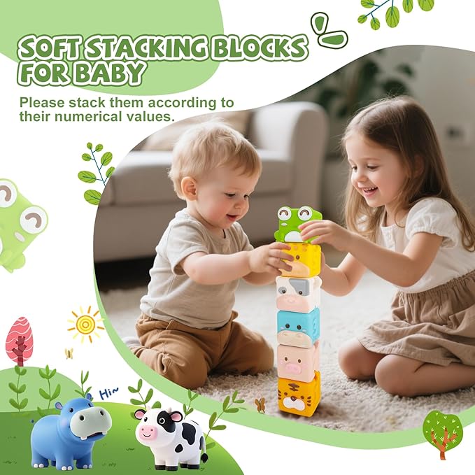Animal Soft Baby Blocks,Silicone Squeeze Building Blocks Stacking Toys for 6+ Months Babies,Early Learning Touch Education Toys with Numbers Animals Fruits Texture Baby Gifts Easter Basket