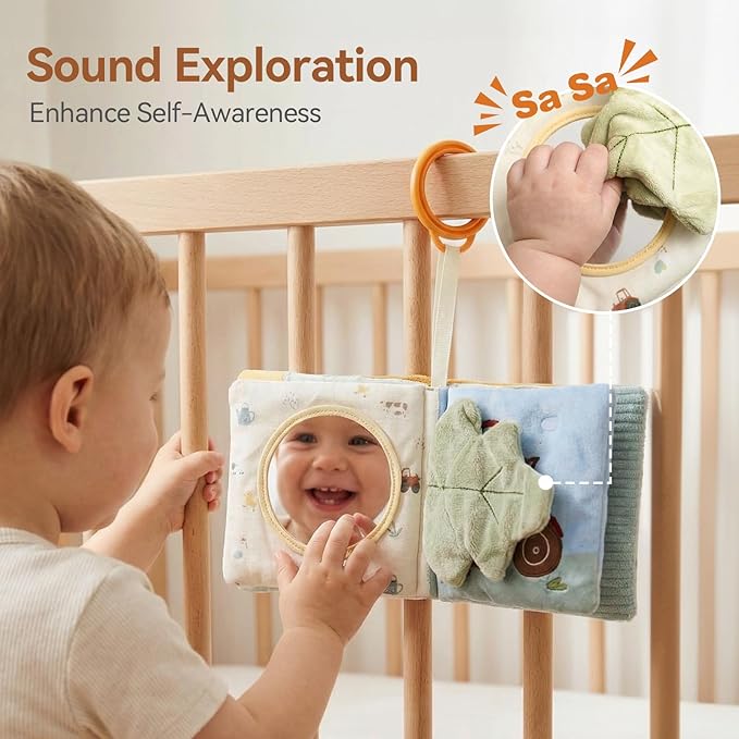 Mamimami Home Soft Baby Book with Teether & Mirror, Sensory Crinkle Cloth Books for Babies 0-12 Months, Montessori Farm Animal Tummy Time Toys, Portable Busy Book, Infant Toy for Newborn Shower Gift