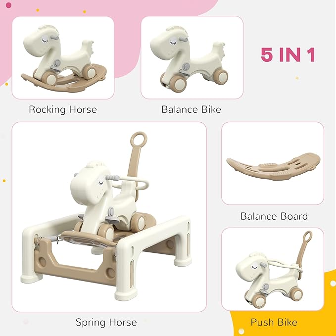 Qaba 5 in 1 Kids Rocking Horse for Toddlers, Kids Spring Rocking Toy Balance Bike Push Cart with Detachable Base, Horse-Shaped Rocker with Safety Guardrails, Footrests, Push Handle, Cream White