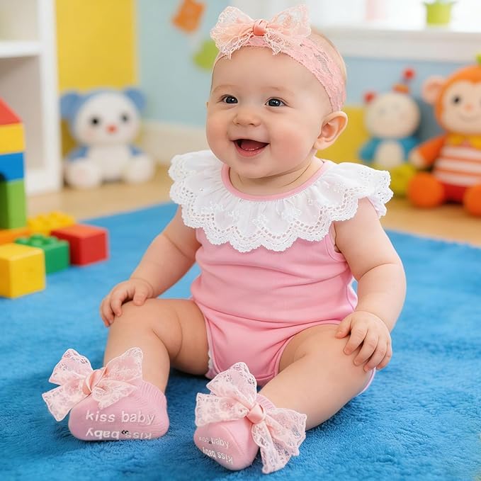 3 Pack Baby Girls Headbands and Socks Set Newborn Lace Bow Hairbands Non-Slip Grips Socks for Babies Infants and Toddlers (Beige, Pink, White)