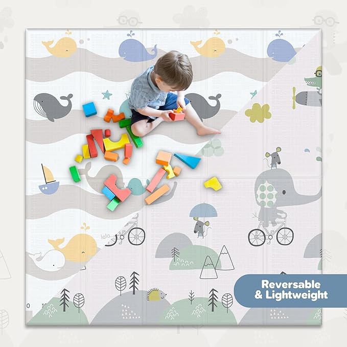 Motherly Haven 79x71 Foldable Baby Play Mat for Floor, Extra Large Reversible Foam Play Mat for Babies 6-12 Months, Waterproof Portable Foam PlayMat for Tummy Time for Toddler - Whales