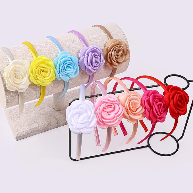10pcs/set Fabric Rose Flower Headbands for Toddler Girls Floral Hairband Hoops Multiple Colors Flower Hair Accessories for Kids Teens