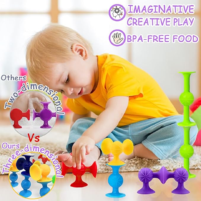 Suction Bath Toys for Baby, 12 Piece Starter Set Suction Cup Toys Stocking Stuffers Preschool Sensory Fidget Toys for Toddlers 1-3 4-8 | No Hole Bath Toy | BPA Free (Large Size)