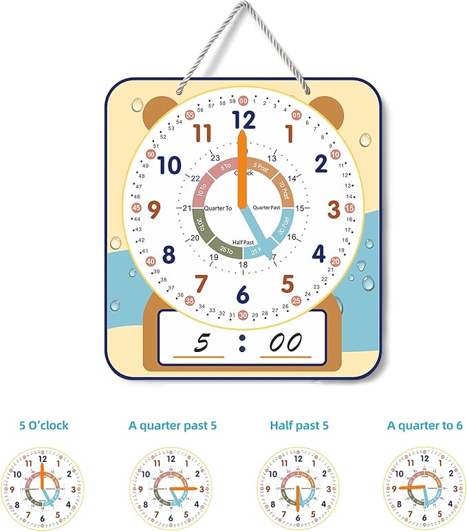 ANCOMEDO Large 12" Magnetic Writable Dry Erase Teaching Clock with Cute Style, Teaching Demonstration Clock for Kids Learning Practice Time for Home School Classroom Supplies (12" x11"-Beige)
