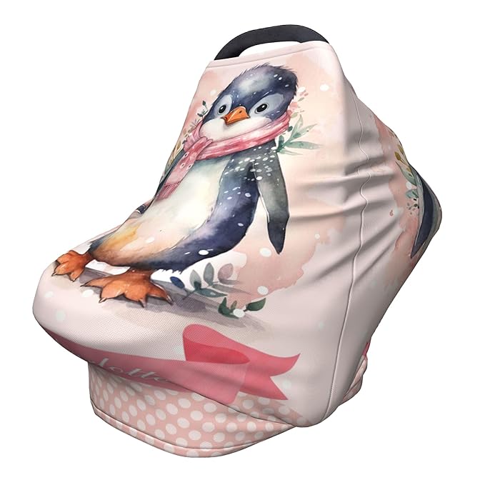 Personalized Penguin Baby Car Seat Cover with Name,Multi-Use Canopy for Nursing, Strollers,Shopping Carts,Customized Breastfeeding Cover, Full Privacy,Infant Stroller Cover