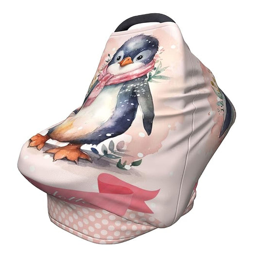Personalized Penguin Baby Car Seat Cover with Name,Multi-Use Canopy for Nursing, Strollers,Shopping Carts,Customized Breastfeeding Cover, Full Privacy,Infant Stroller Cover