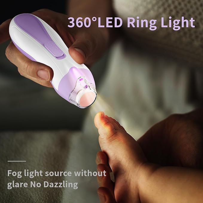 Baby Nail File Electric Baby Nail Care Set with LED Light, Baby Nail Clipper Electric for Newborn/Infants/Adults Toenails and Fingernails, 7 Grinding Head Replacement Pads, Purple