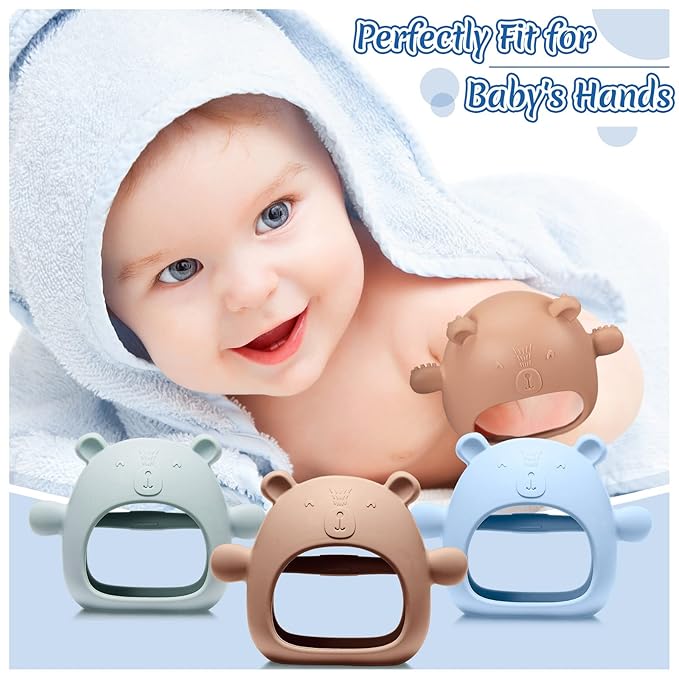 Chumia 3 Pack Teething Toys for Babies 0-6 Months Silicone Hand Teethers Baby Anti Dropping Hand Pacifiers Infant Chew Toys for Sucking Needs(Blue, Caramel, Green)