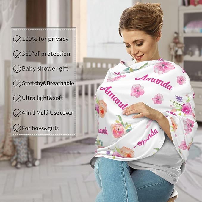Personalized Baby Car Seat Cover for Girls, Custom Floral Pink Nursing Covers for Breastfeeding with Name, Infant Stroller Cover, Baby Carseat Canopy for Newborn, Multiuse Car Seat Canopies