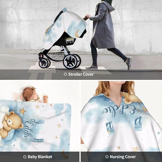 Custom Baby Car Seat Cover with Name – Personalized Sleeping Bear Nursing Cover, Infant Carseat Canopy, Shopping Cart Cover – Soft, Breathable & Warm – Ideal Shower Gift for Baby Boys