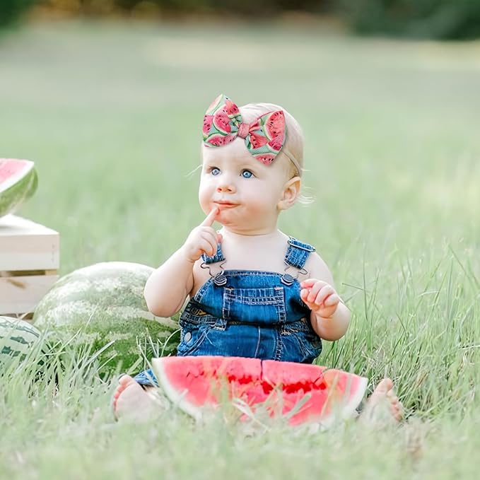 4.5'' Baby Bows Handmade Headbands 6'' Printed Tied Bow Elastic Nylon Hair Accessories for Baby Girls Newborn Infant 2 Pcs Aqua Watermelon