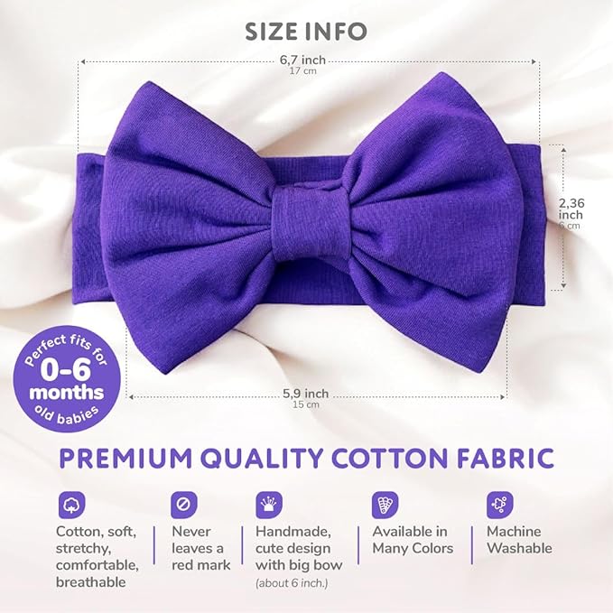 Newborn Baby Girl Headband 0–6 Months – Soft Cotton Big Bow Headband for Infants, Stretchy Baby Hair Band, 4.3" (11 cm) Bow, 2.4" (6 cm) Band (Purple, 0-6 Month)