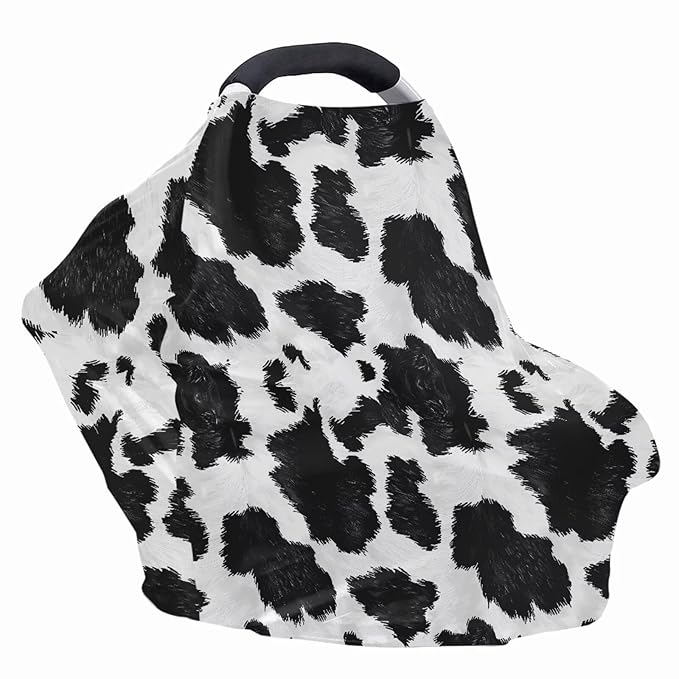 Black Cow Print Infant Carseat Cover Stylish Multi-Purpose Nursing Cover Breastfeeding Scarf Baby Shower Gifts